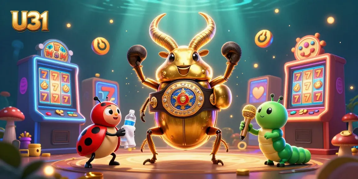 Bet on fun with U31's exciting golden stag beetle boxing illustration in a vibrant casino setting.