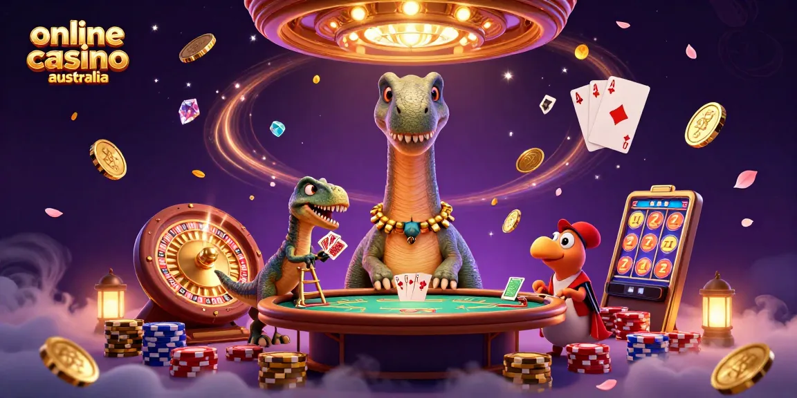 Engage with the dynamic online casino australia scene featuring a brontosaurus and raptor amidst gaming excitement.