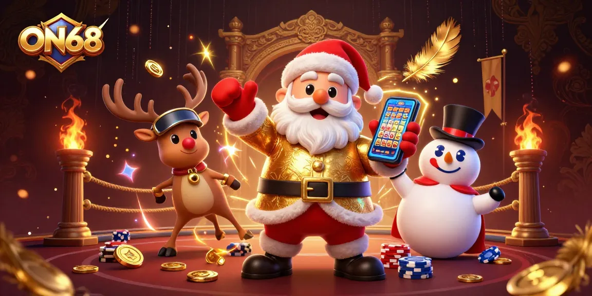 Spin to win with ON68's festive casino scene featuring a Santa, reindeer, and snowman!