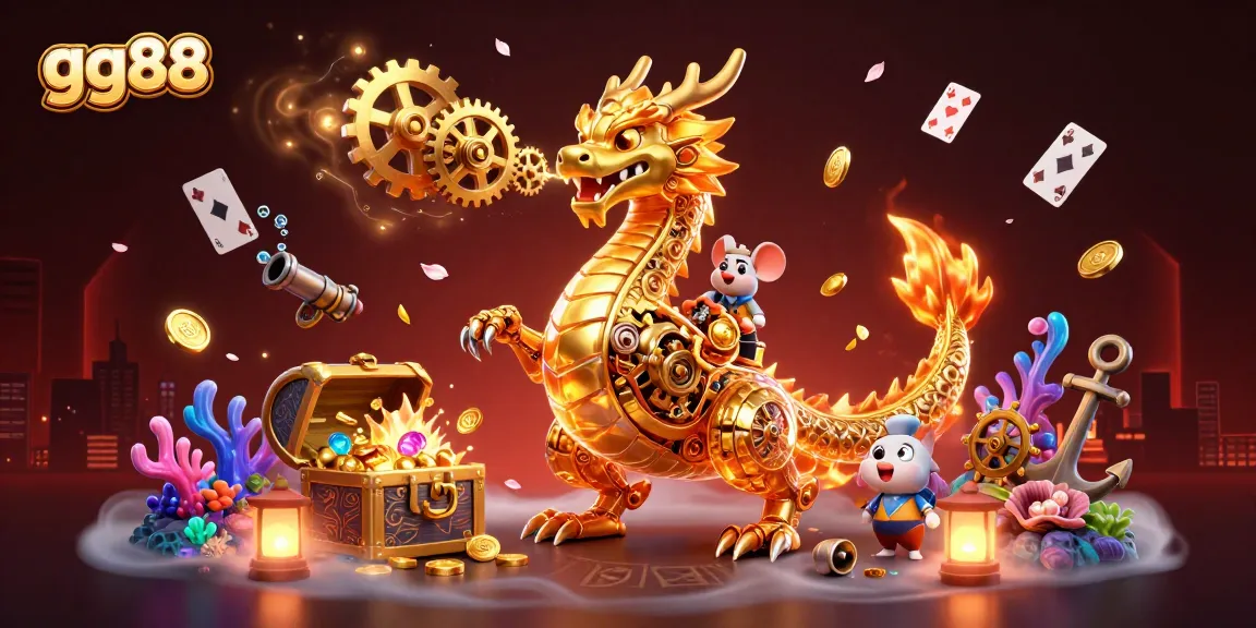 Engage with gg88 in a vibrant gaming scene featuring a golden dragon and treasures.