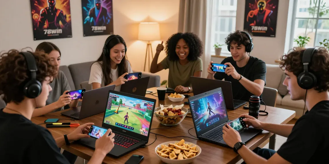 Friends enjoying a lively gaming session on 78win platforms in a vibrant living room.
