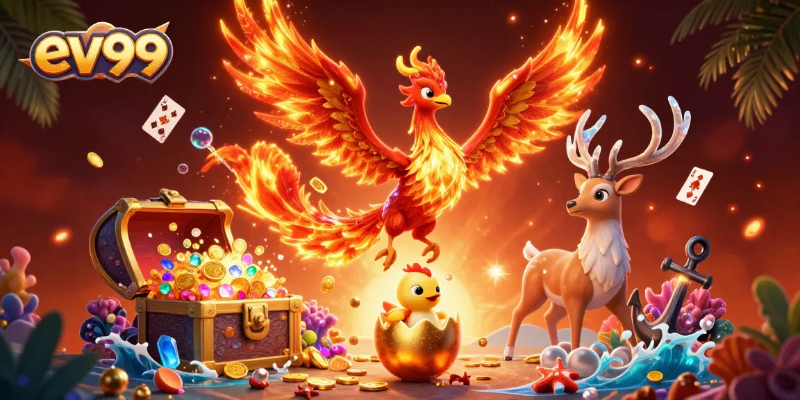 Win big with ev99 in this vibrant casino-themed illustration showcasing exciting gaming elements.
