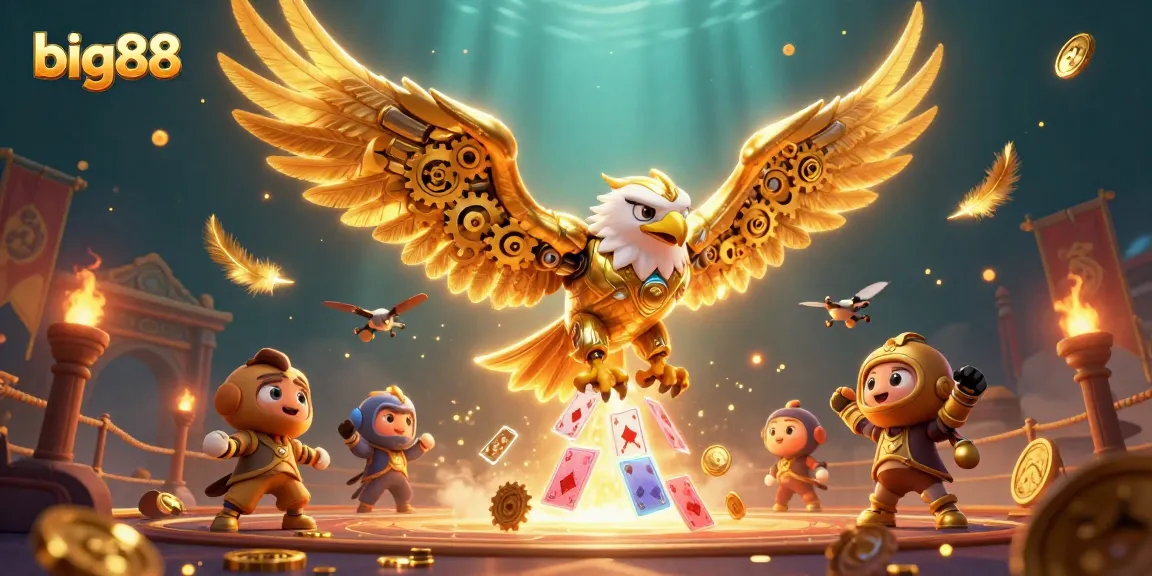 Experience big88's exciting gambling scene with golden eagles and card cascades in a dynamic casino illustration.