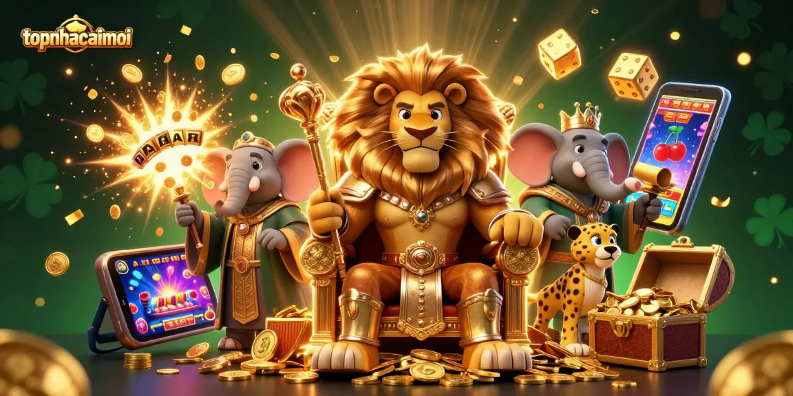 Engage in thrilling slots with topnhacaimoi's vibrant gaming scene featuring a lion king, elephant, and cheetah.