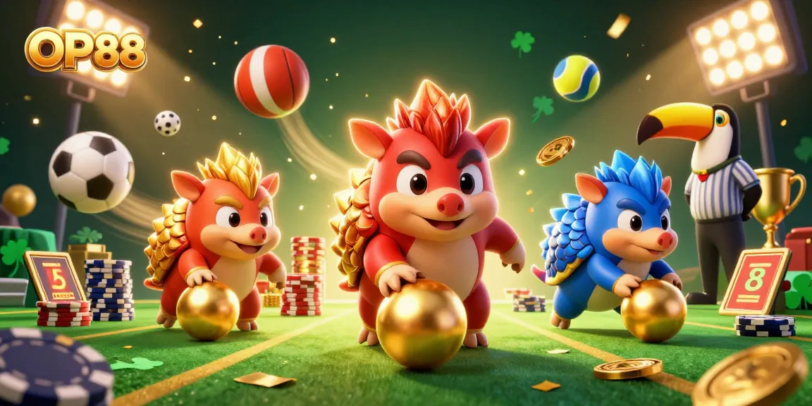Experience the thrill of OP88 with lively pangolins in a vibrant casino scene, featuring sports elements and confetti.