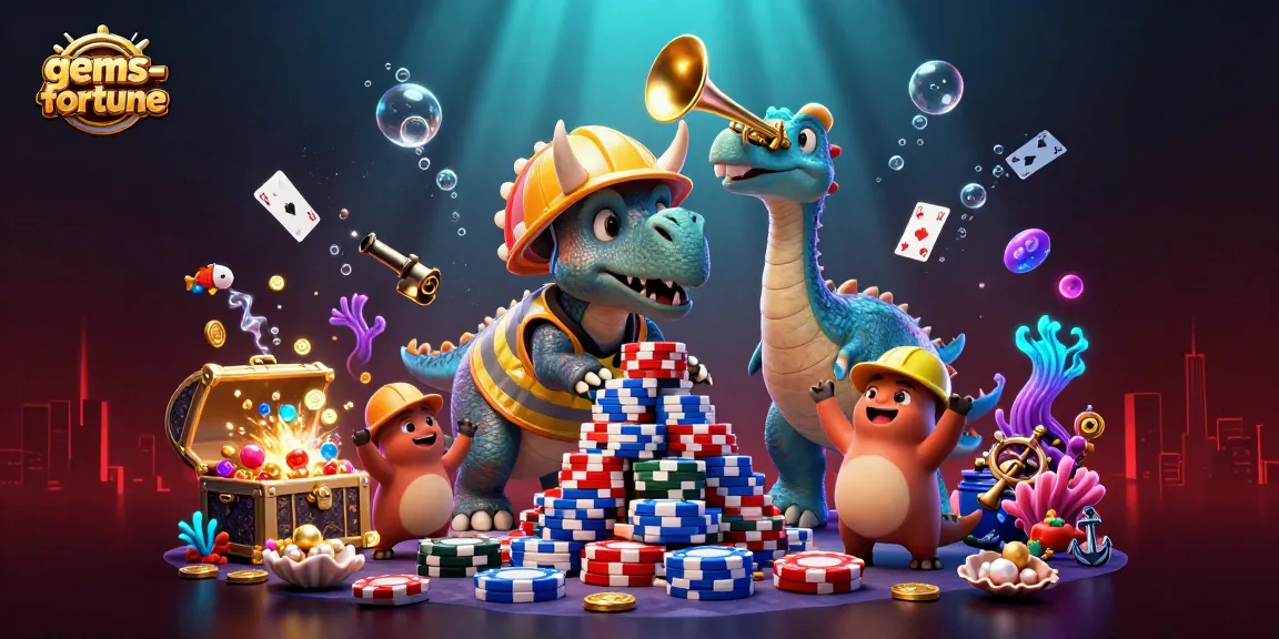 Experience gems-fortune thrills with a lively triceratops and parasaurolophus celebrating amidst casino riches.