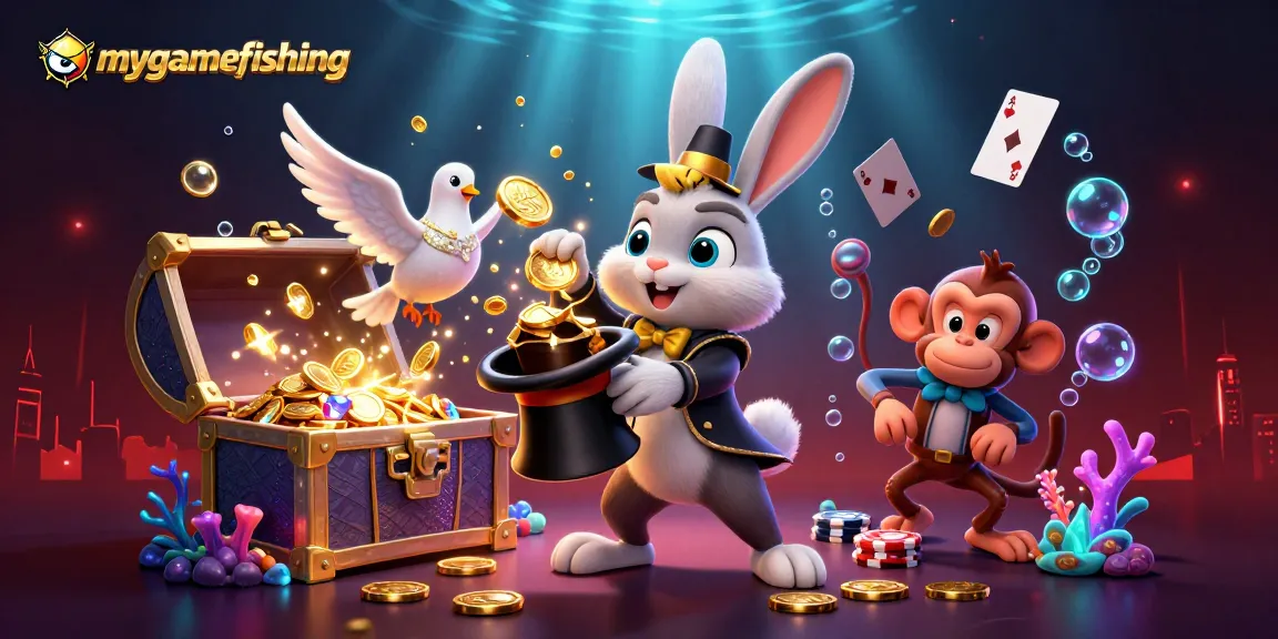 Experience the excitement of mygamefishing with a dynamic 3D illustration of a magician rabbit, a dove, and a monkey amid gold coins and playing cards.