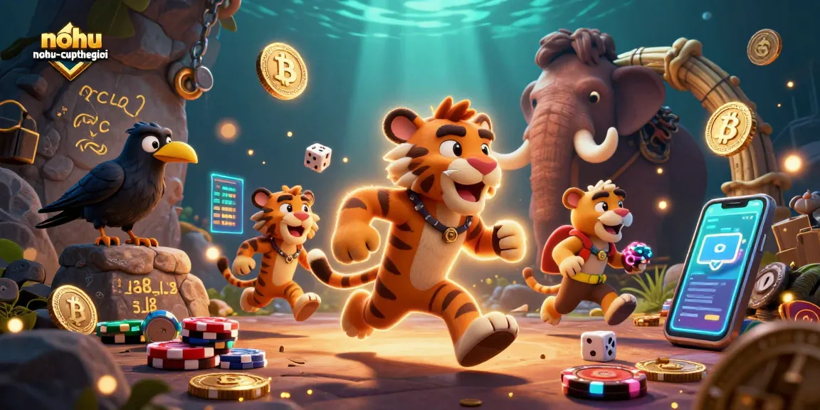 Nohu-cupthegioi features a lively prehistoric casino scene with unique characters and vibrant gambling elements.