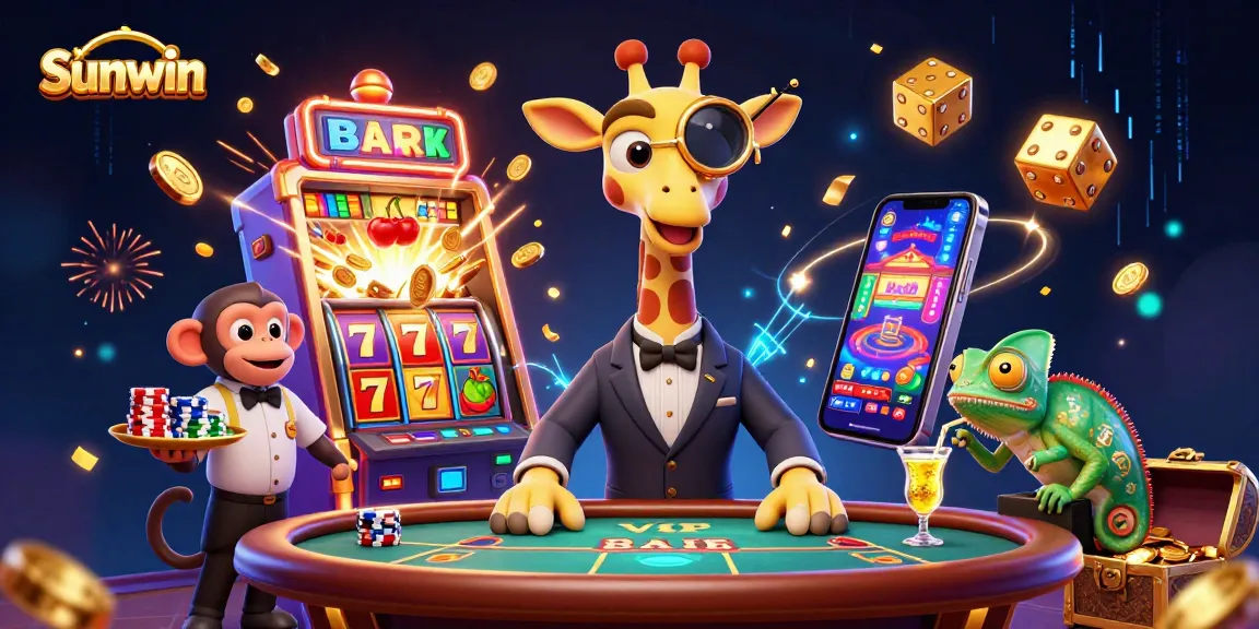 Sunwin casino scene showcasing a giraffe in a suit and a chameleon bartender amidst vibrant slot elements.