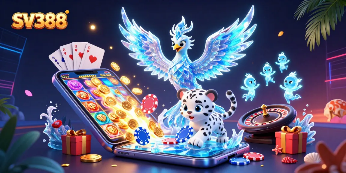 Experience SV388’s thrilling casino adventure with a vibrant 3D illustration of an ice phoenix and playful leopard.