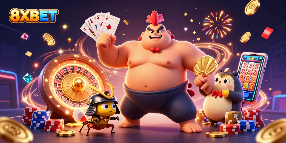 Experience the thrill of 8XBET with dynamic gaming action and colorful casino elements.