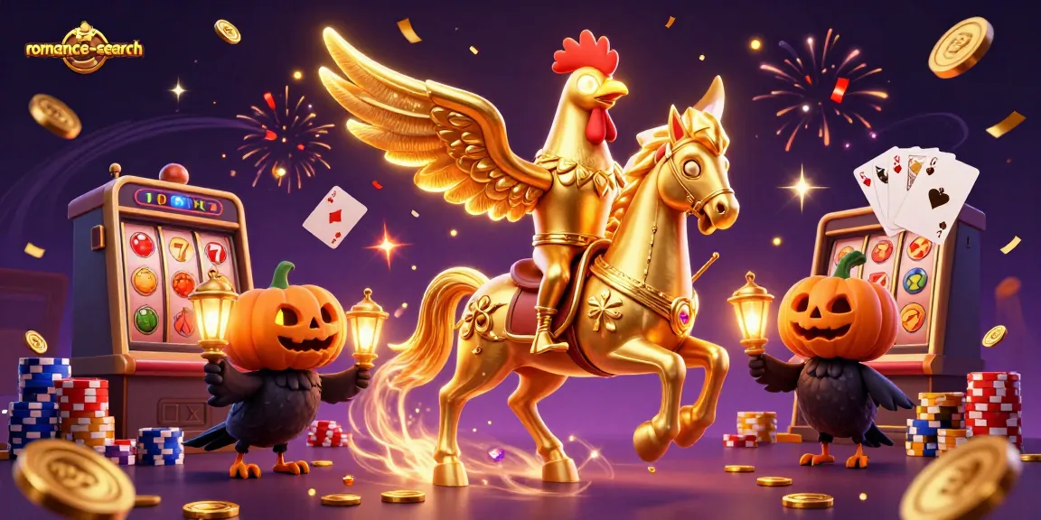 Experience the excitement of romance-search with a 3D golden rooster character amidst a vibrant casino scene, featuring slot machines and coins.