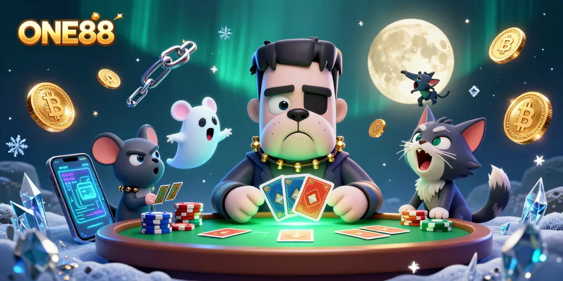 Engage in thrilling games at ONE88 with a 3D cartoon scene of a Frankenstein bulldog dealing cards.