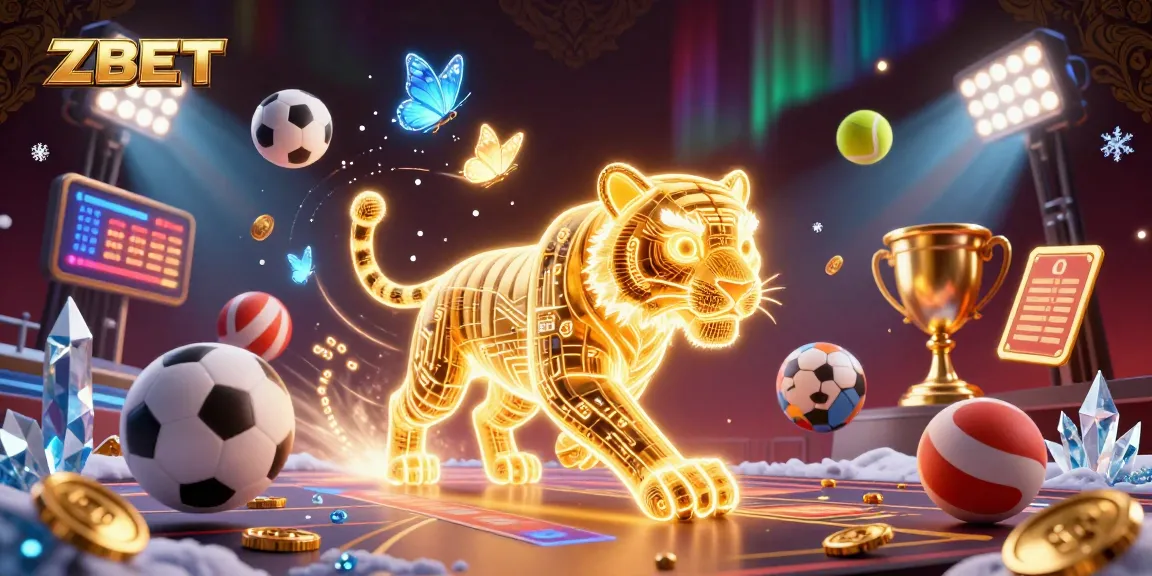 ZBET offers thrilling gaming excitement with a golden tiger prowling a digital casino, surrounded by sports elements.