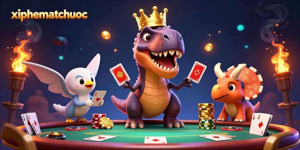 Experience the excitement of xiphematchuoc with a playful T-Rex shuffling cards at a casino table.
