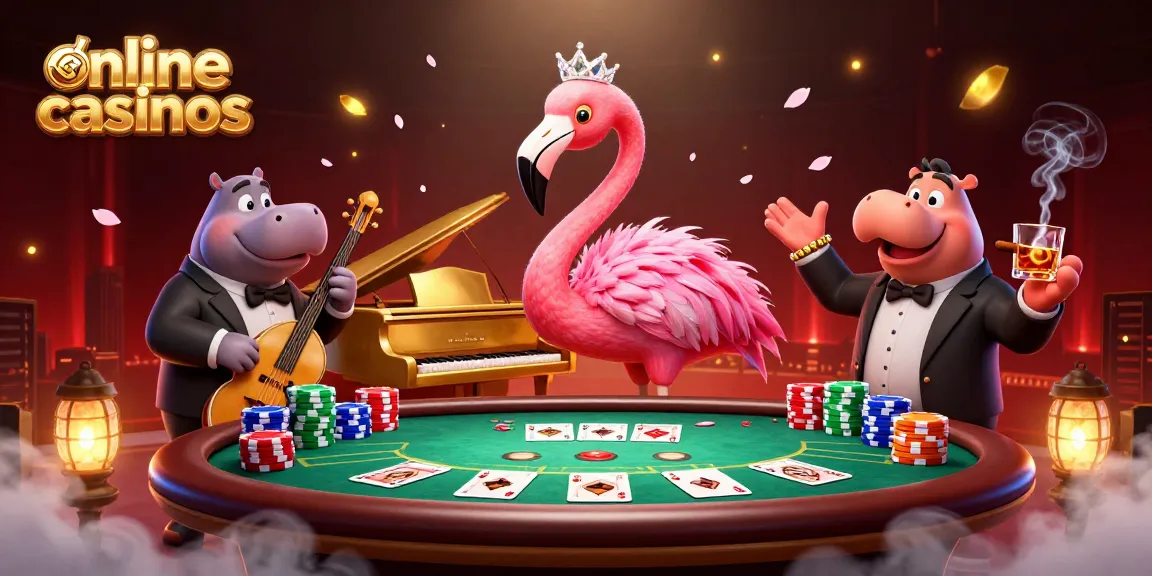 Engaging 3D illustration showcasing online casinos with a flamingo singer and hippo bassist at the heart of a vibrant gaming scene.