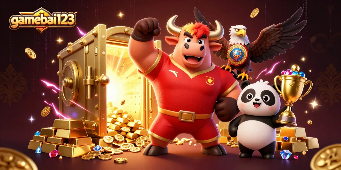 Experience the thrill of gamebai123 with vibrant 3D casino characters in a dynamic scene filled with treasures.