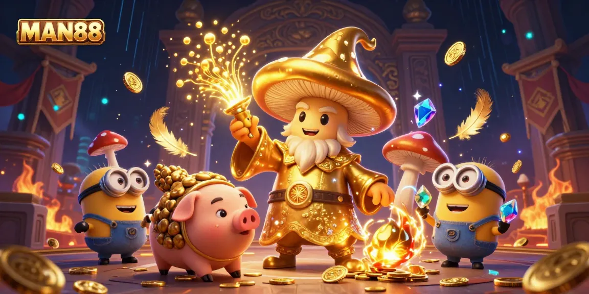 Experience the magic of MAN88 as golden treasures sprout from a wizard in an enchanting casino scene.