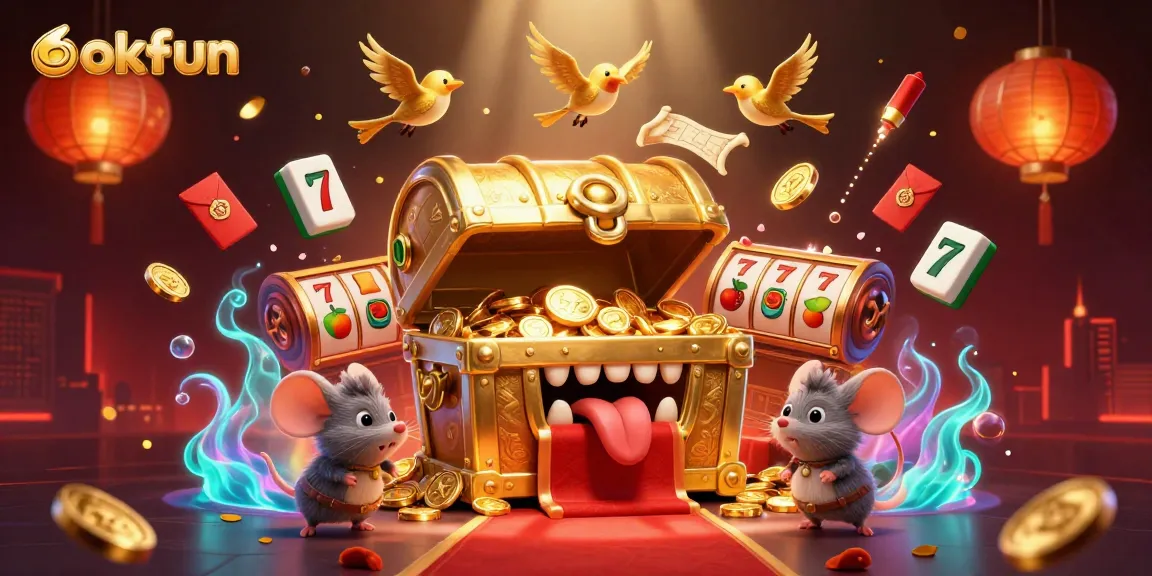 Experience the allure of okfun with treasure chest characters and vibrant slot game elements.