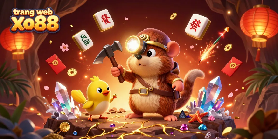 Experience the excitement of trang web xo88 with a lively scene featuring a treasure hunter mole and a canary amidst golden gems and game elements.