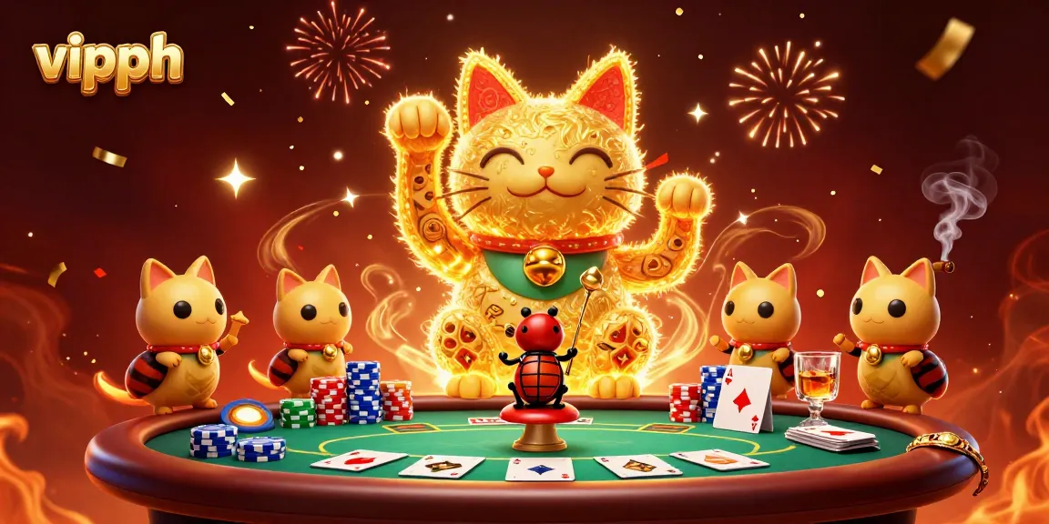 Experience the magic of vipph with a golden lucky cat and vibrant casino elements.
