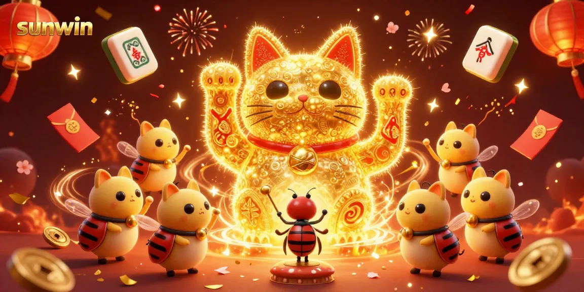 Experience the thrill at sunwin with a golden lucky cat and dynamic casino elements.