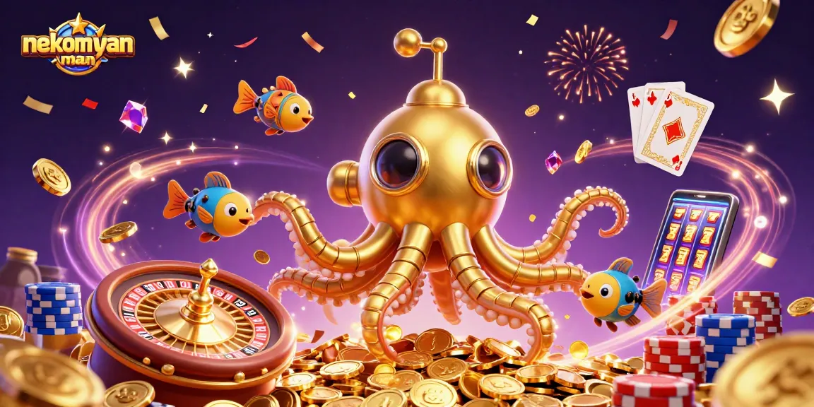 Neko May Man slot game celebration with golden kraken and coins in action
