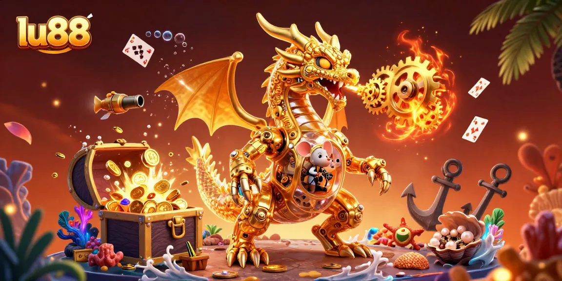 Experience thrilling gameplay with lu88’s dynamic gaming scene featuring a golden dragon and treasures.