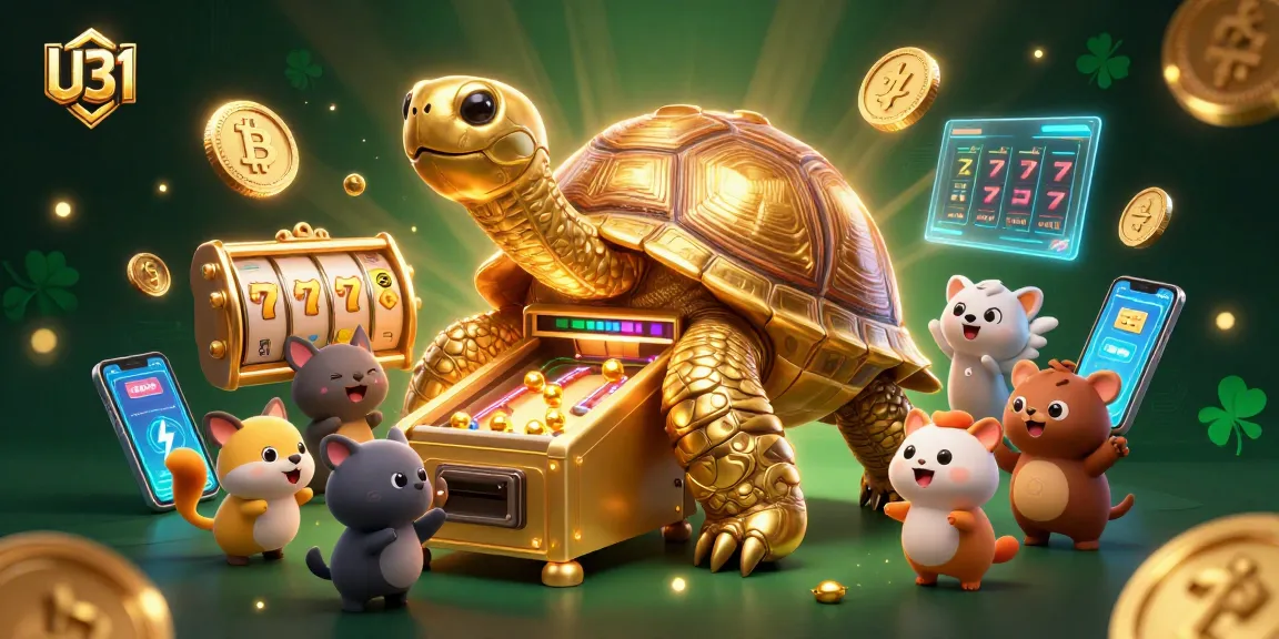 Engage with thrilling games at U31 with a colossal golden tortoise playing a pinball machine surrounded by vibrant casino elements.