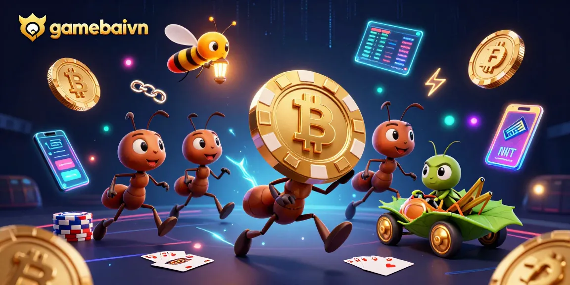 gamebaivn features ants heisting a giant poker chip, showcasing vibrant crypto elements in a packed casino scene.