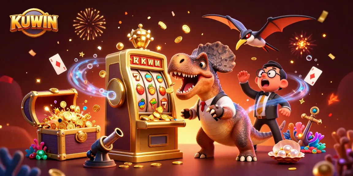 KUWIN's thrilling scene of a dinosaur hitting a slot machine for a huge jackpot.