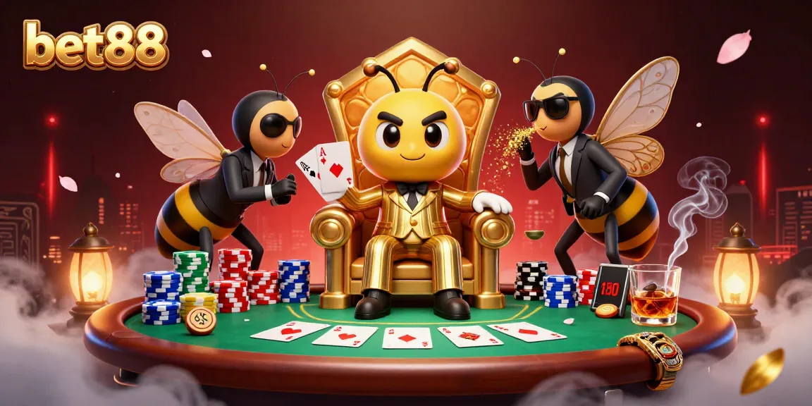 Bet88 showcases a vibrant poker scene with a cartoon bumblebee boss, highlighting a winning moment in an engaging atmosphere.