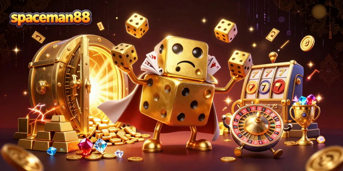 Join the adventure with spaceman88 as golden dice juggle in a vivid casino wonderland.