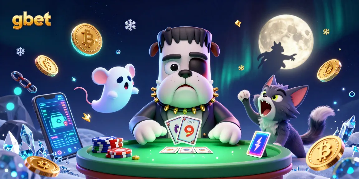 Engage with gbet's vibrant gaming world featuring a 3D cartoon Frankenstein bulldog dealer at a casino table.
