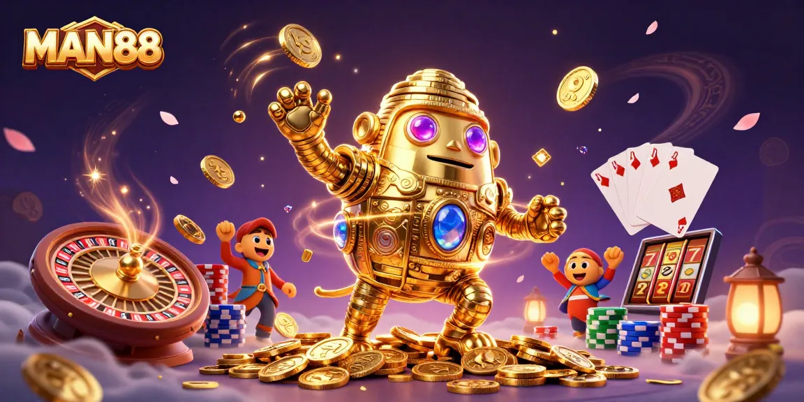 Experience the thrill of winning at MAN88 with golden golem and casino magic.