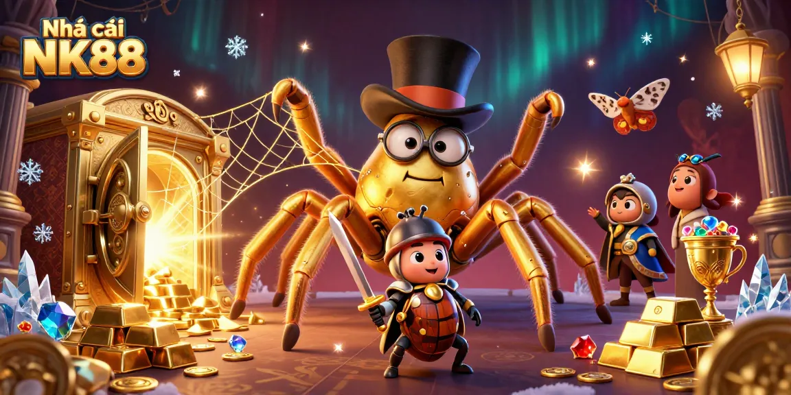Engage with Nhà cái NK88 in a vibrant 3D casino illustration featuring golden treasures and energetic characters.