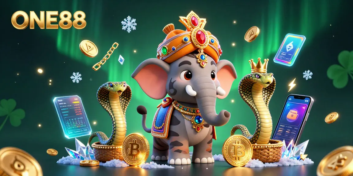 Engage with ONE88's vibrant gaming world, featuring characters and cryptocurrency elements in an exciting casino scene.