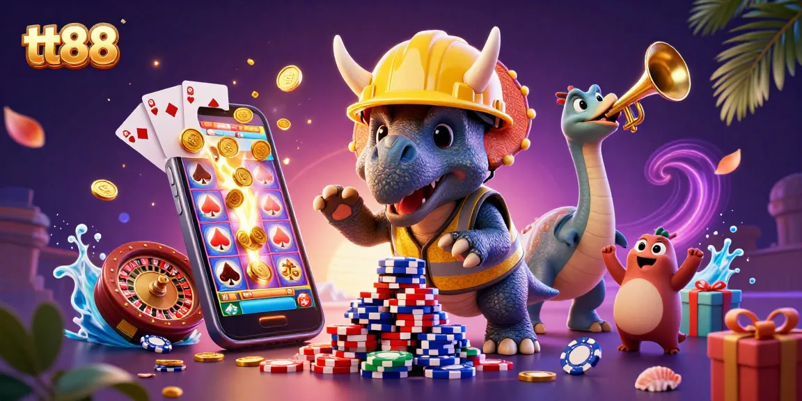 Join the fun at TT88 with a triceratops building poker chips amidst lively gaming elements.