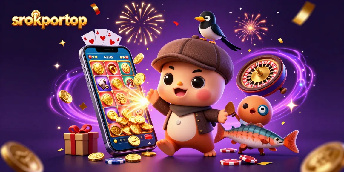 Srokportop showcases a lively casino scene with cute Nessie and rich gaming elements.