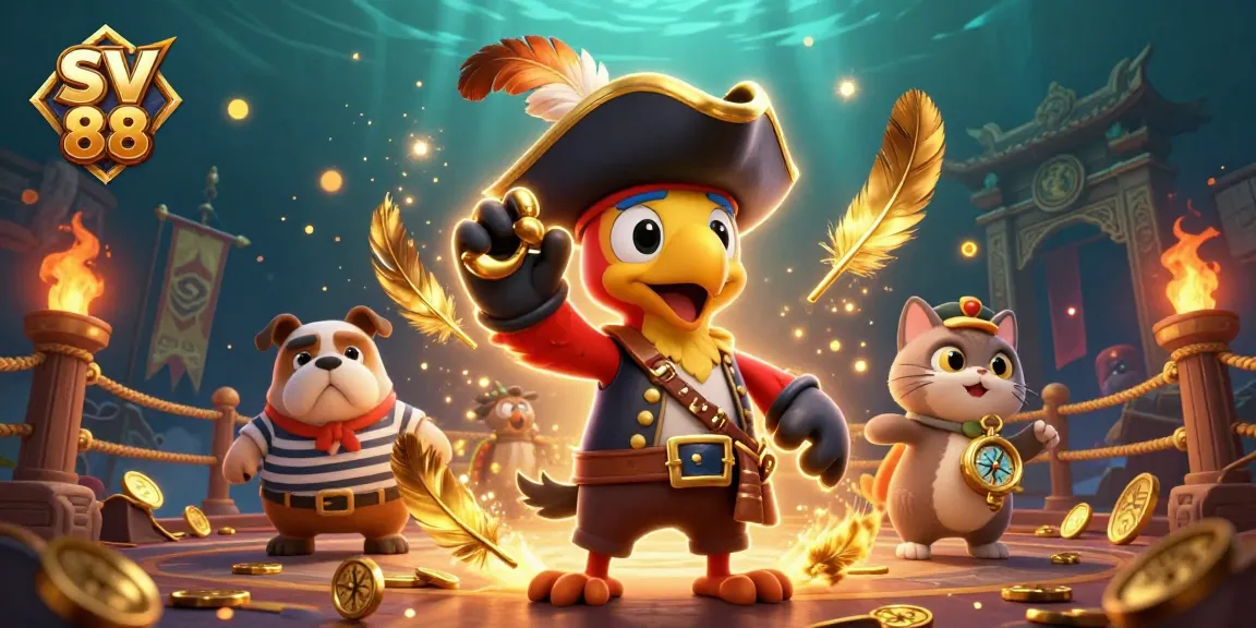 SV 88 showcases a vibrant pirate-themed gambling scene with characters amidst gold coins and betting tokens.