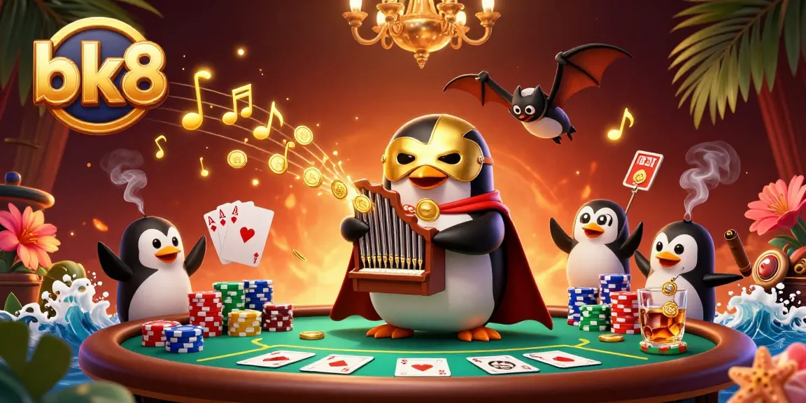 Engage with bk8's thrilling casino action as a cartoon penguin brings gold coins from a pipe organ amidst poker elements.
