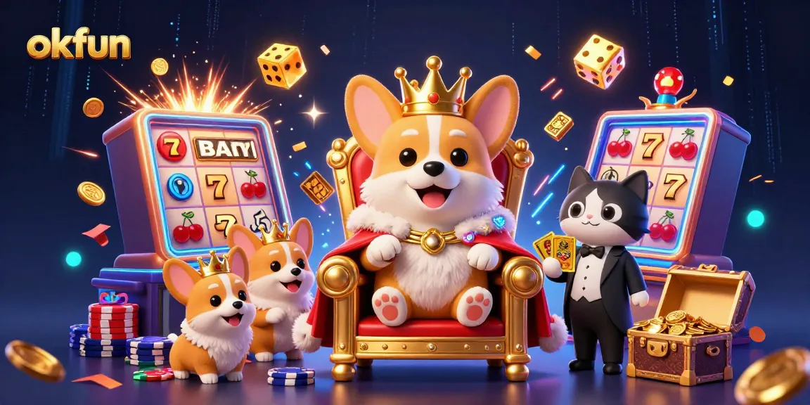 Thrill at OKFUN's vibrant casino scene featuring a royal corgi among slots and jackpots.