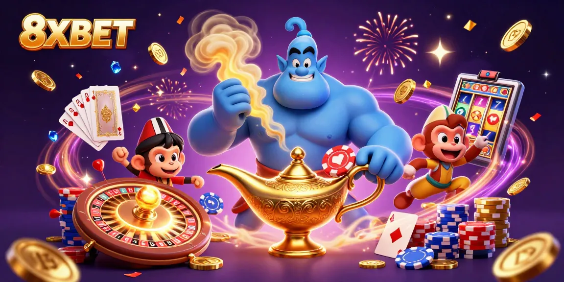 Bet and win at 8XBET with vibrant casino visuals of a genie, poker chips, and winning cards.