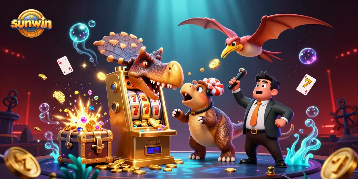 sunwin's thrilling jackpot scene with dinosaurs, gold coins, and slot machine excitement