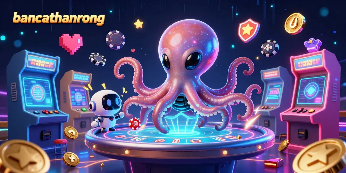 Engage with bancathanrong as a vibrant alien octopus plays poker amidst colorful casino elements.