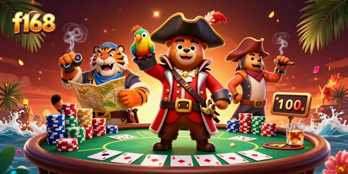 Join the thrilling action at f168 with a pirate captain and crew surrounded by poker excitement.