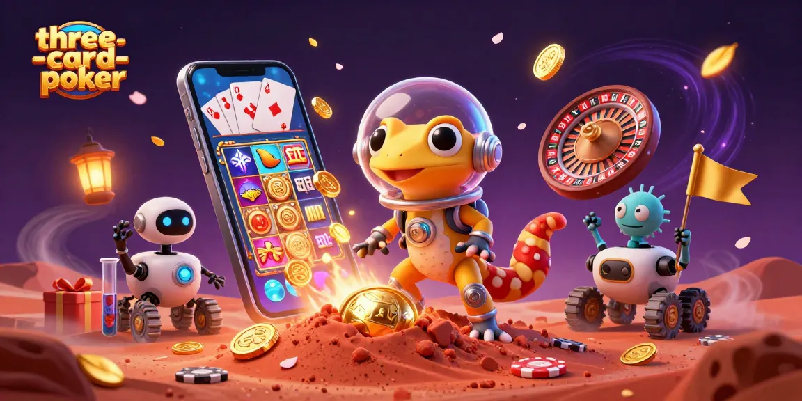 Engage with thrilling three-card-poker action highlighted by a vibrant casino scene.