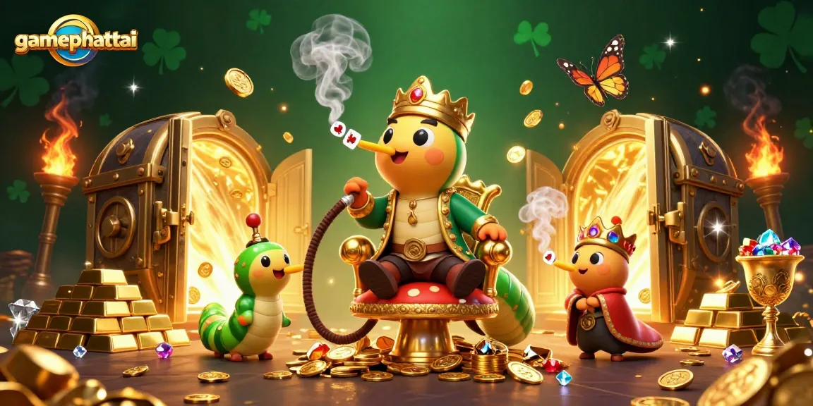 Experience thrilling gameplay in gamephattai with vibrant characters and treasures surrounding a golden throne.