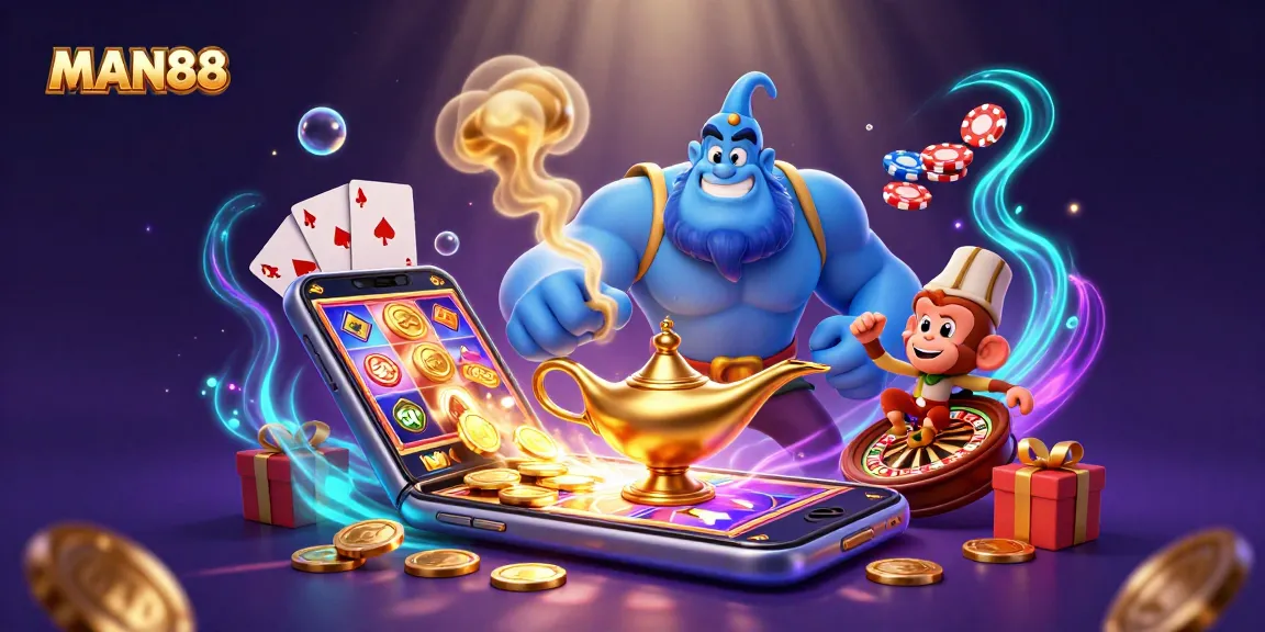 Experience the excitement of MAN88 casino through a magical 3D scene with vibrant game elements.