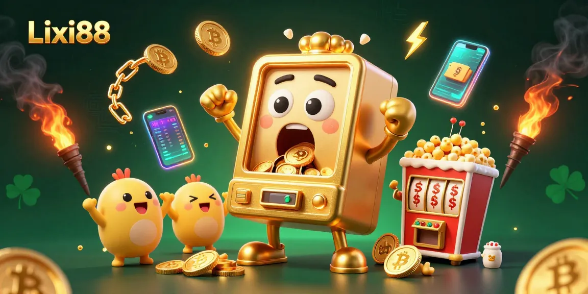 Lixi88 slot machine celebrates its jackpot in a vibrant 3D casino scene with cryptocurrency elements.